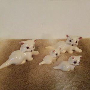 Vintage Set of Four Ceramic Cat Figurines 1940-1950 Era White with Pink Bows